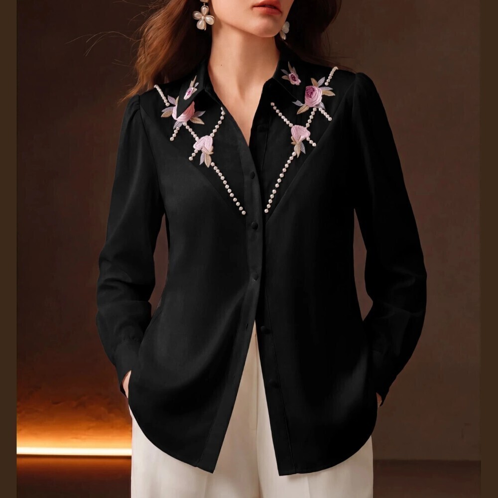 Black Floral Embroidered Pearl Trim Button Front Long Puff Sleeve Blouse